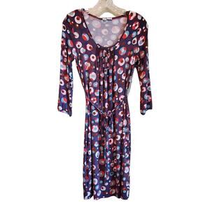 BODEN Women 2 Dress Jersey Knit 3/4 Sleeve Multicolor Circles Belt Viscose 33"